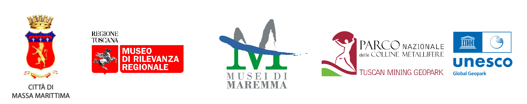 Logo del comune di Massa Marittima. Logo della regione Toscana con scritto museo di rilevanza regionale, logo dei musei della maremma e il logo del Parco Nazionale delle Colline Metallifere